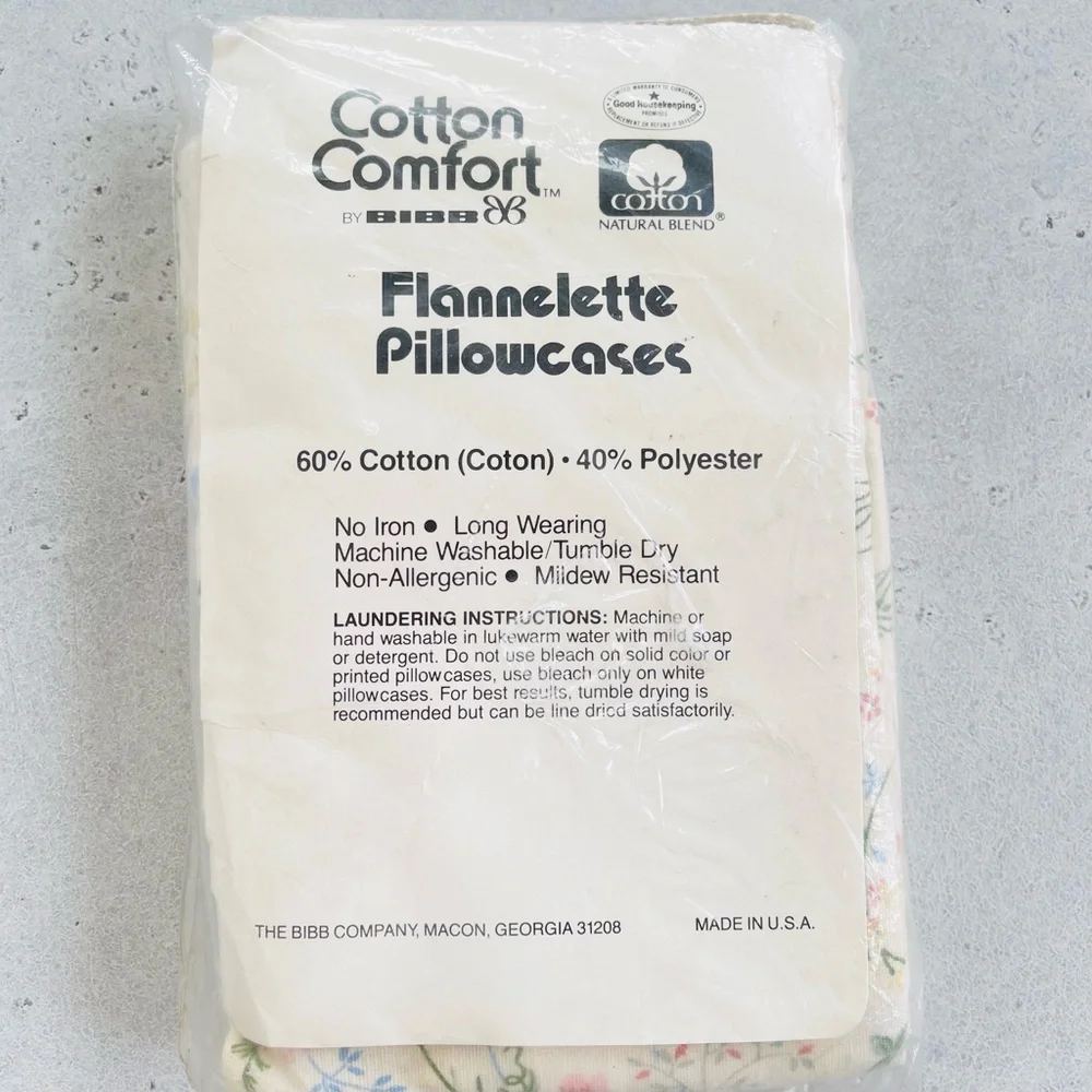 NOS Vintage Cotton Comfort By BIBB Flannelette Pillowcases Two Standard Floral